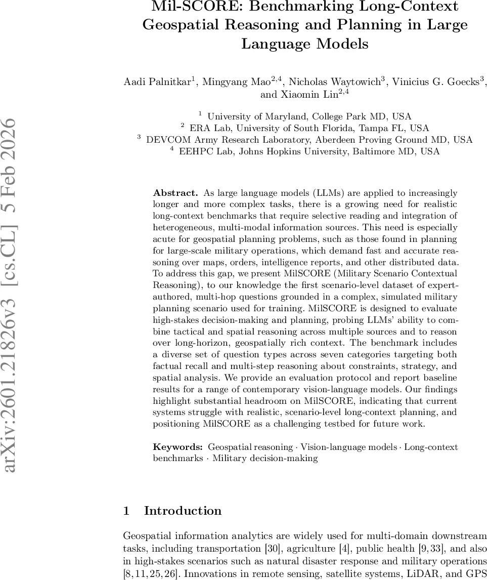 Mil-SCORE: Benchmarking Long-Context Geospatial Reasoning and Planning in Large Language Models