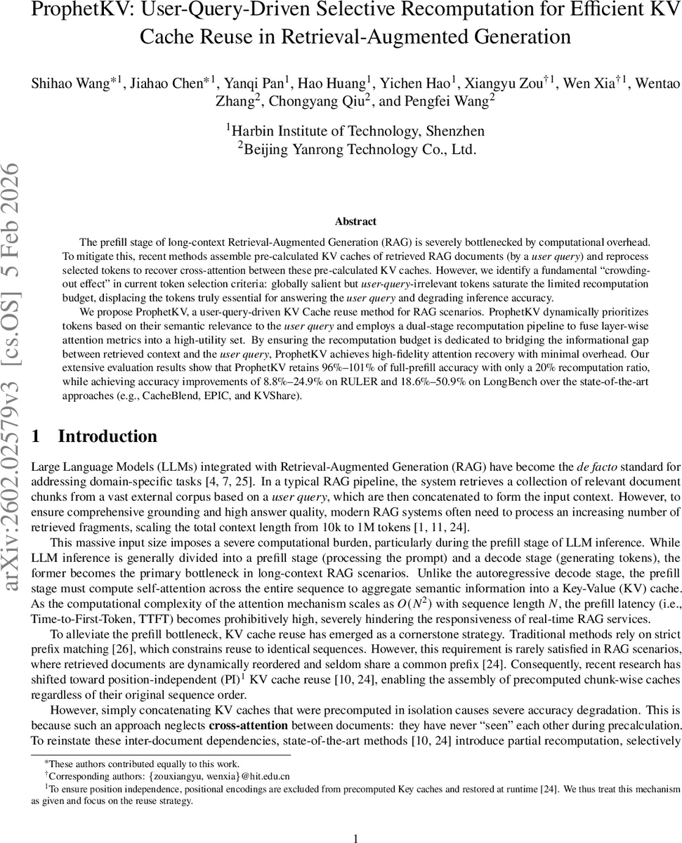ProphetKV: User-Query-Driven Selective Recomputation for Efficient KV Cache Reuse in Retrieval-Augmented Generation