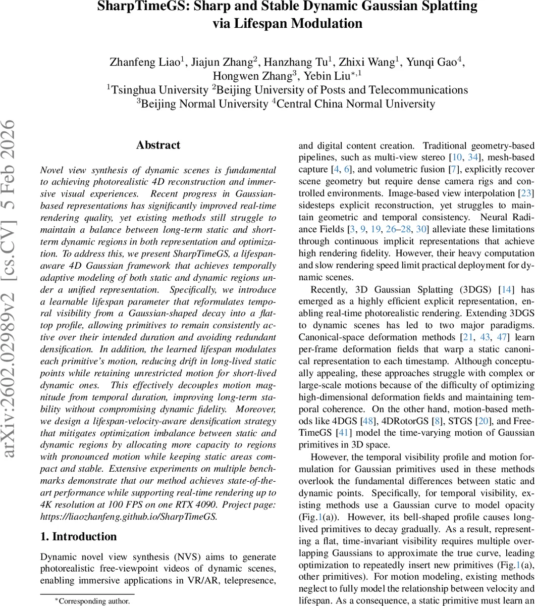SharpTimeGS: Sharp and Stable Dynamic Gaussian Splatting via Lifespan Modulation