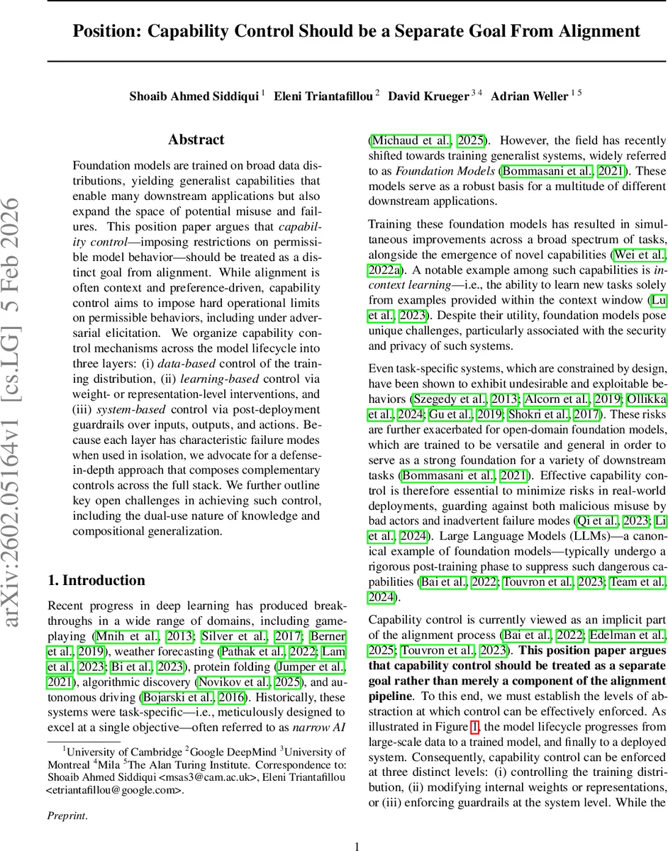 Position: Capability Control Should be a Separate Goal From Alignment