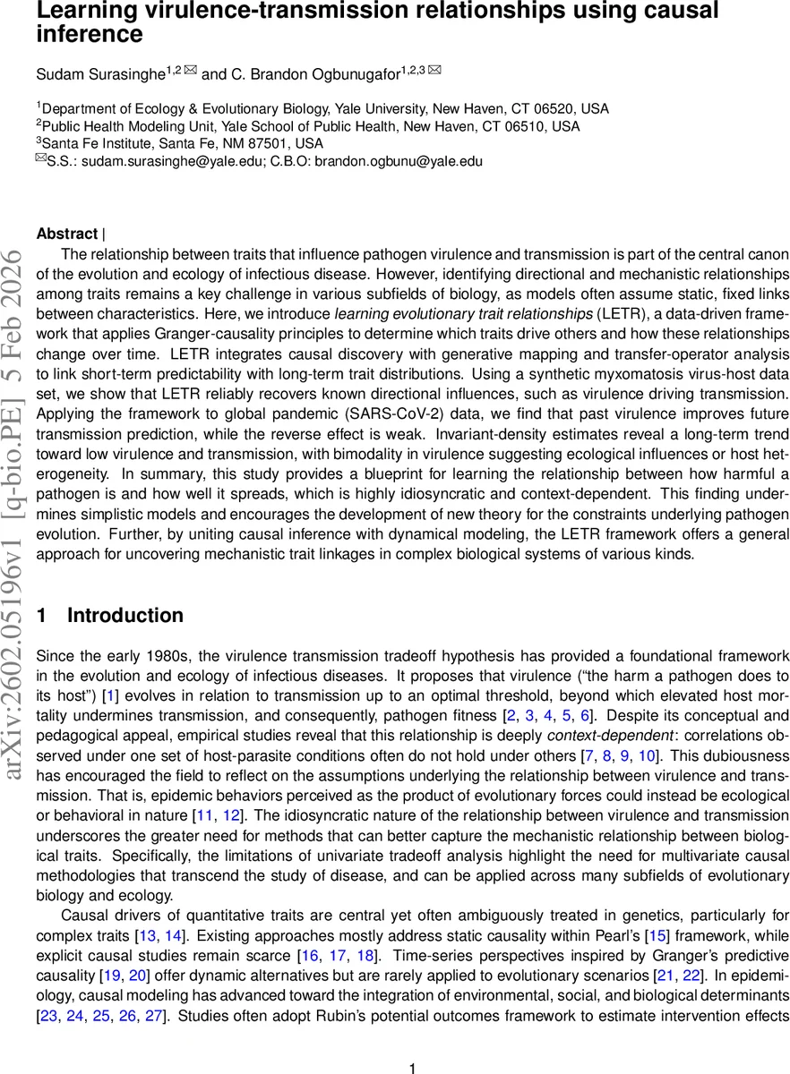 Learning virulence-transmission relationships using causal inference