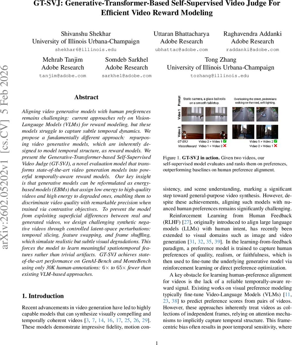 GT-SVJ: Generative-Transformer-Based Self-Supervised Video Judge For Efficient Video Reward Modeling