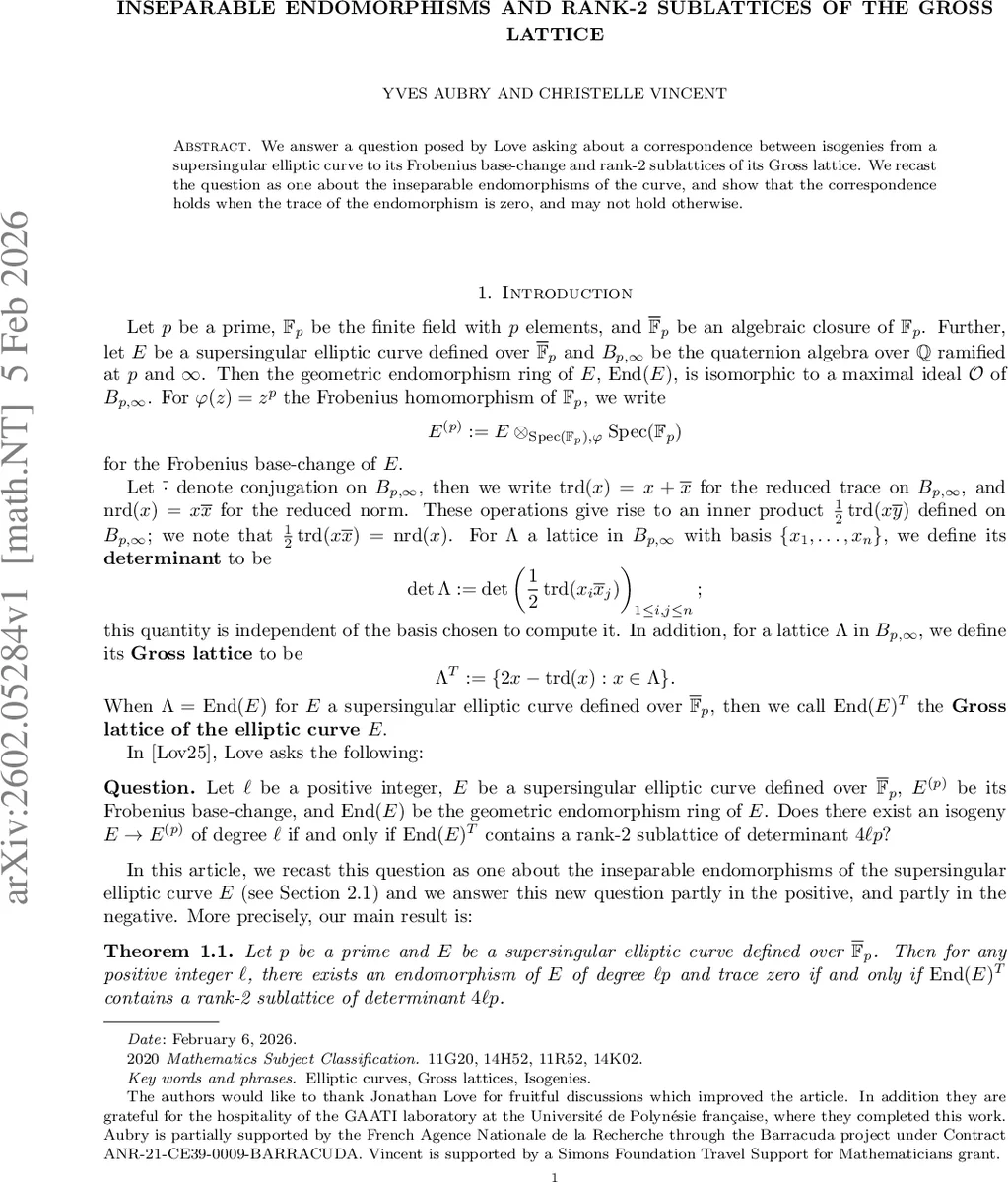 Inseparable endomorphisms and rank-2 sublattices of the Gross lattice