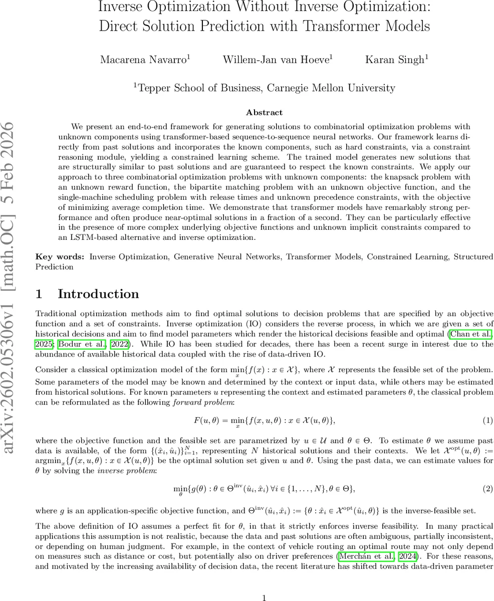 Inverse Optimization Without Inverse Optimization: Direct Solution Prediction with Transformer Models