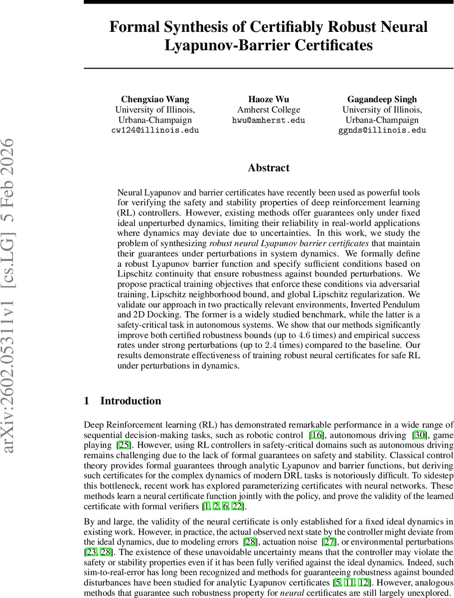 Formal Synthesis of Certifiably Robust Neural Lyapunov-Barrier Certificates