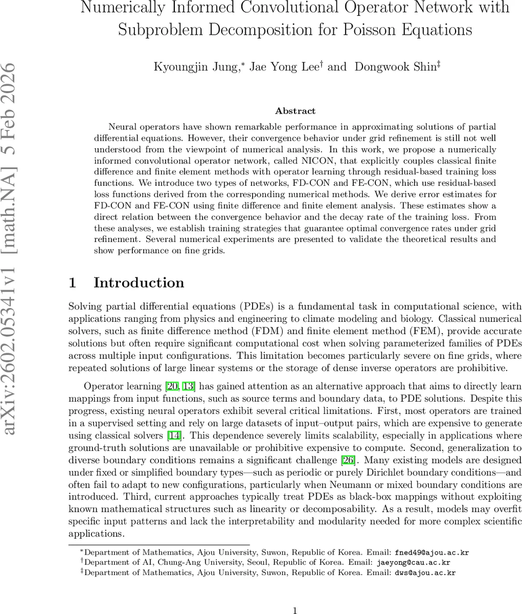 Numerically Informed Convolutional Operator Network with Subproblem Decomposition for Poisson Equations