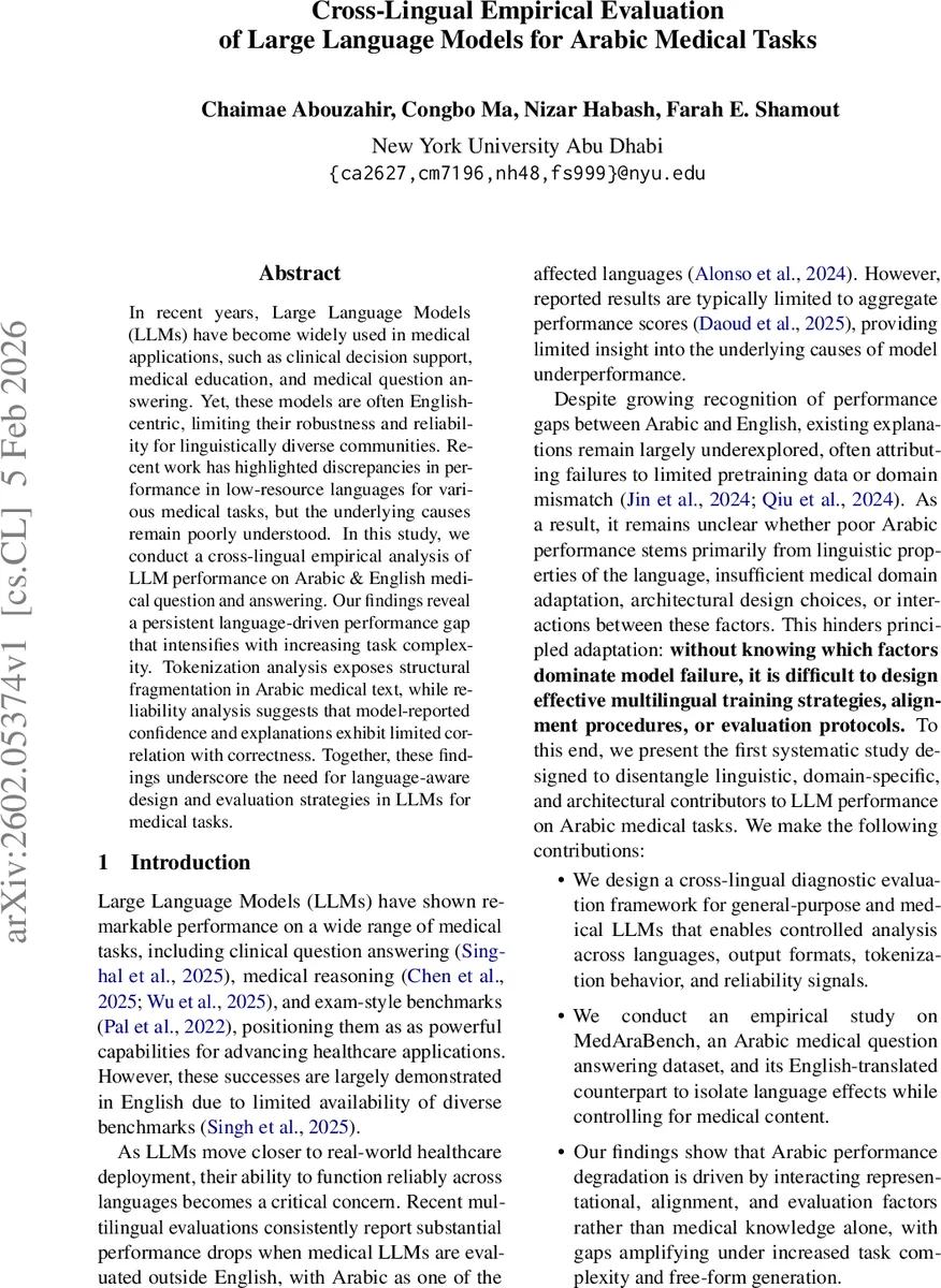 Cross-Lingual Empirical Evaluation of Large Language Models for Arabic Medical Tasks