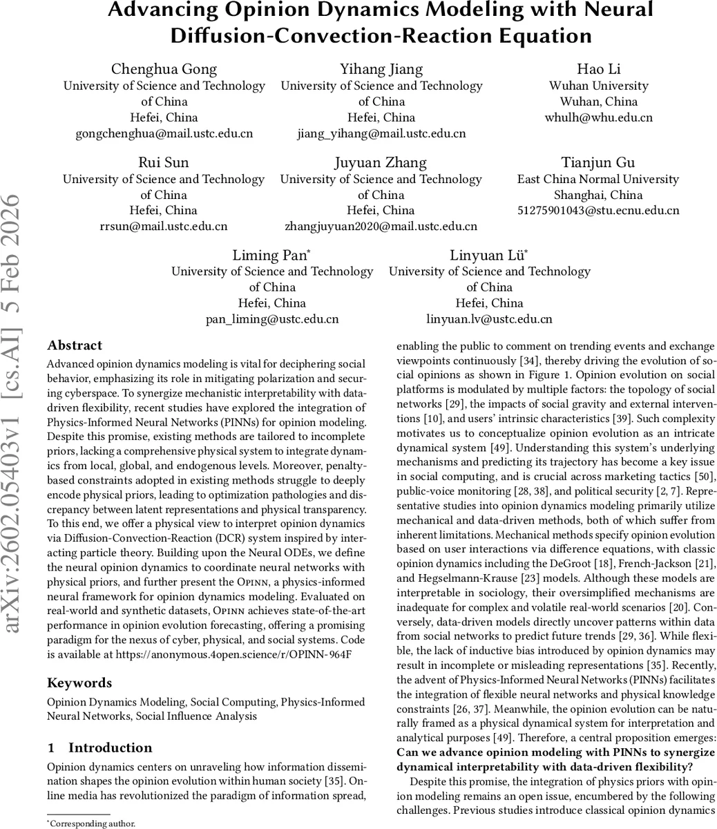 Advancing Opinion Dynamics Modeling with Neural Diffusion-Convection-Reaction Equation