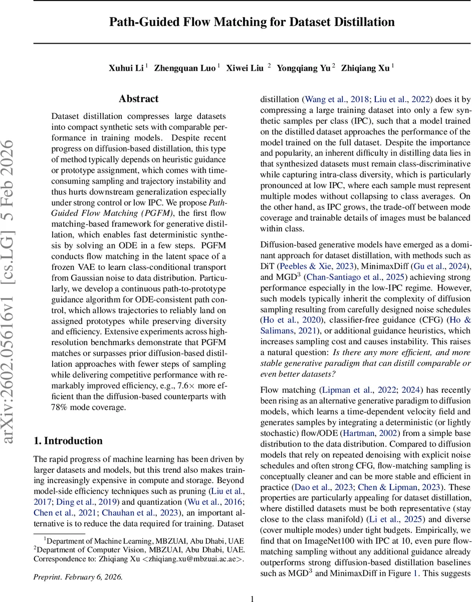 Path-Guided Flow Matching for Dataset Distillation