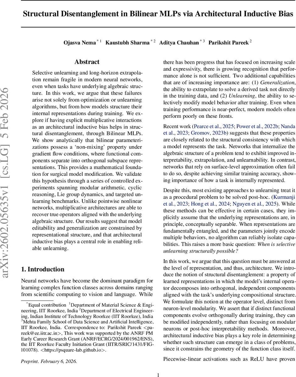 Structural Disentanglement in Bilinear MLPs via Architectural Inductive Bias