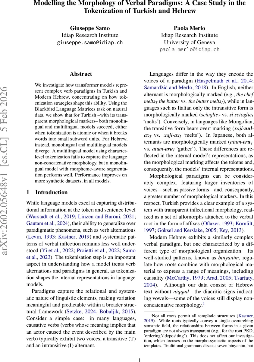 Modelling the Morphology of Verbal Paradigms: A Case Study in the Tokenization of Turkish and Hebrew