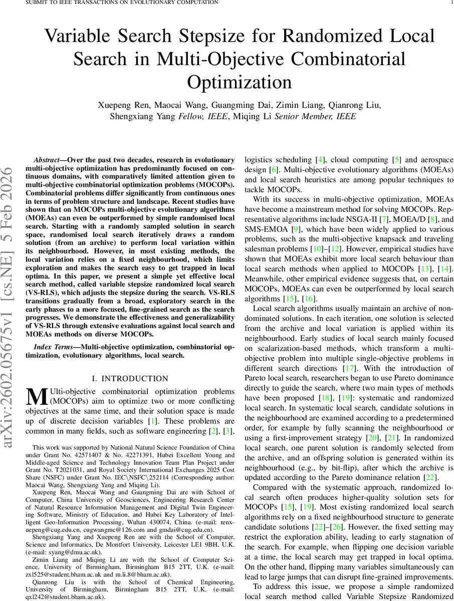 Variable Search Stepsize for Randomized Local Search in Multi-Objective Combinatorial Optimization