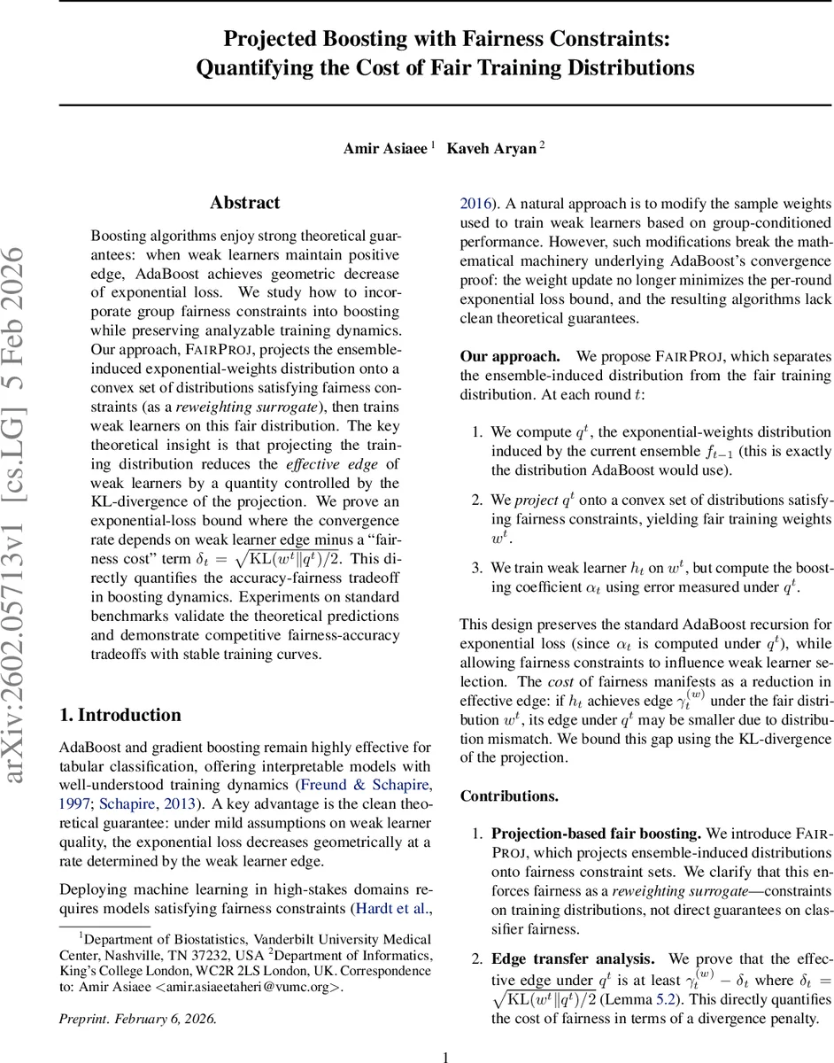 Projected Boosting with Fairness Constraints: Quantifying the Cost of Fair Training Distributions