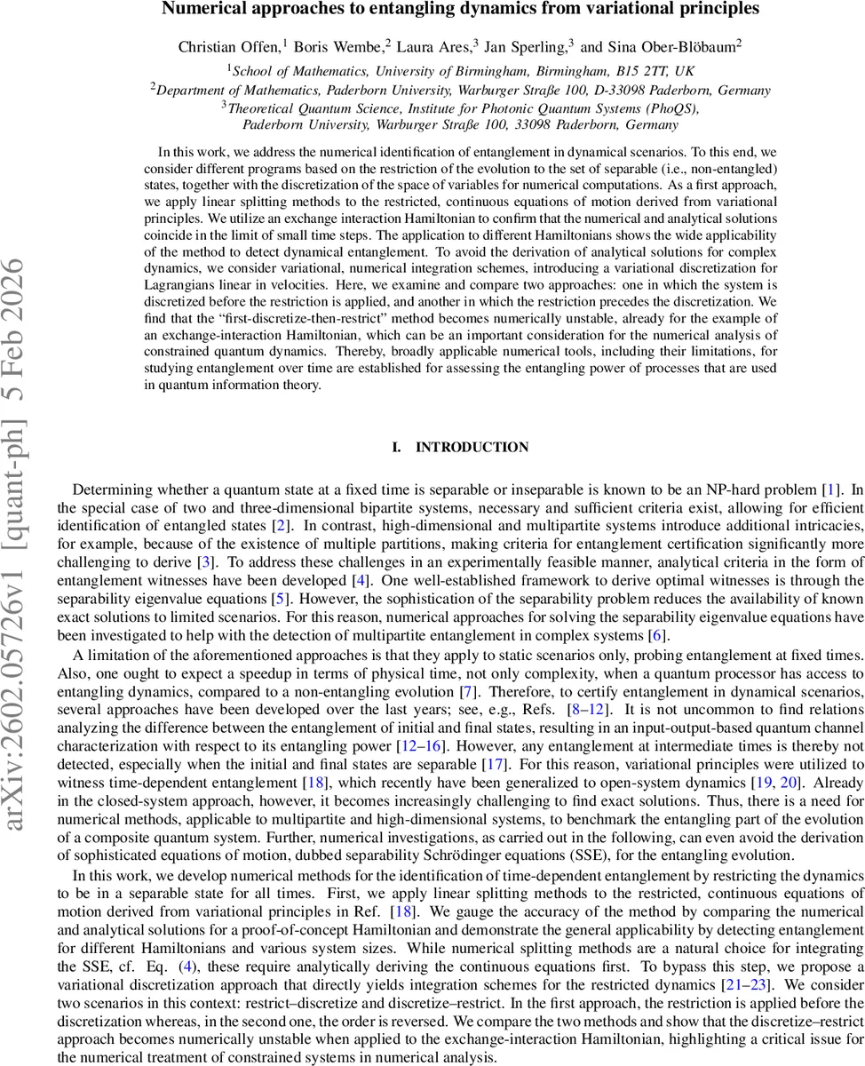 Numerical approaches to entangling dynamics from variational principles
