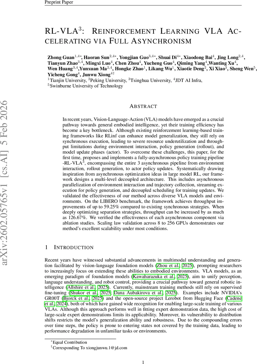 RL-VLA$^3$: Reinforcement Learning VLA Accelerating via Full Asynchronism