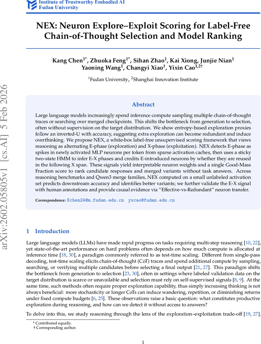NEX: Neuron Explore-Exploit Scoring for Label-Free Chain-of-Thought Selection and Model Ranking