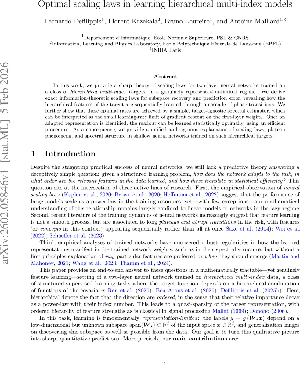 Optimal scaling laws in learning hierarchical multi-index models