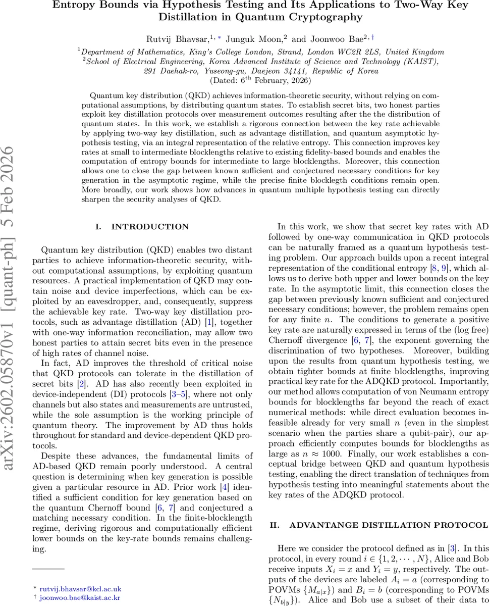 Entropy Bounds via Hypothesis Testing and Its Applications to Two-Way Key Distillation in Quantum Cryptography