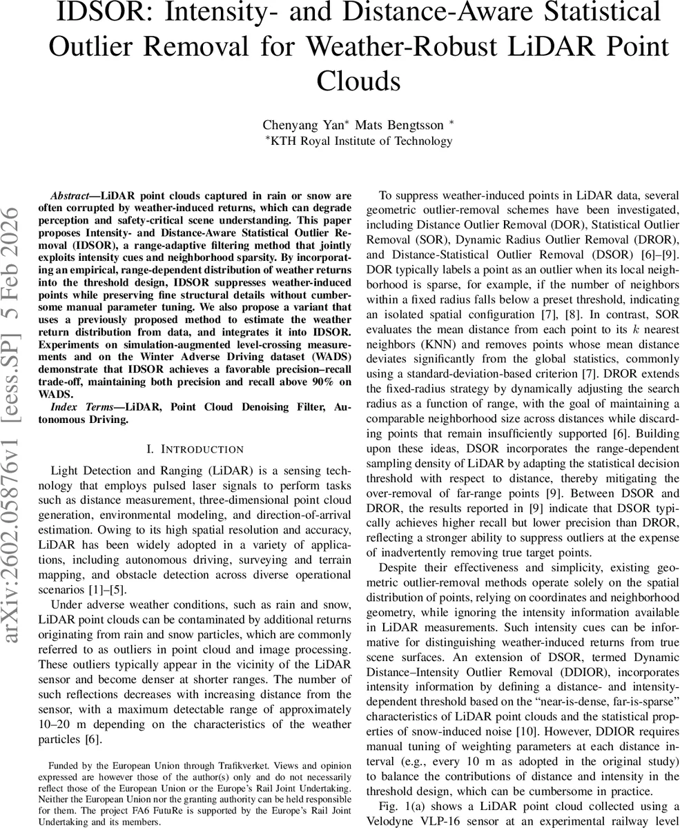 IDSOR: Intensity- and Distance-Aware Statistical Outlier Removal for Weather-Robust LiDAR Point Clouds