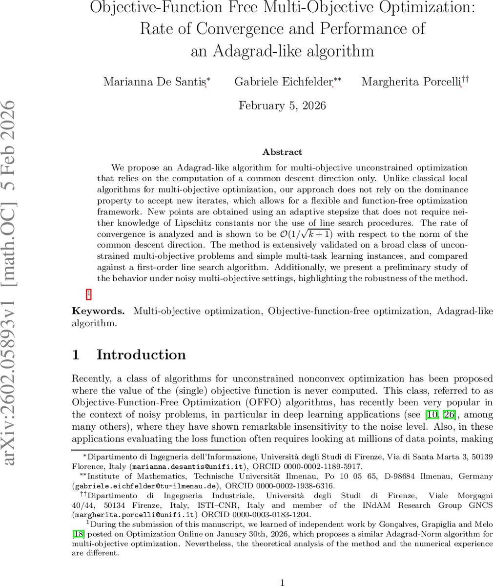 Objective-Function Free Multi-Objective Optimization: Rate of Convergence and Performance of an Adagrad-like algorithm