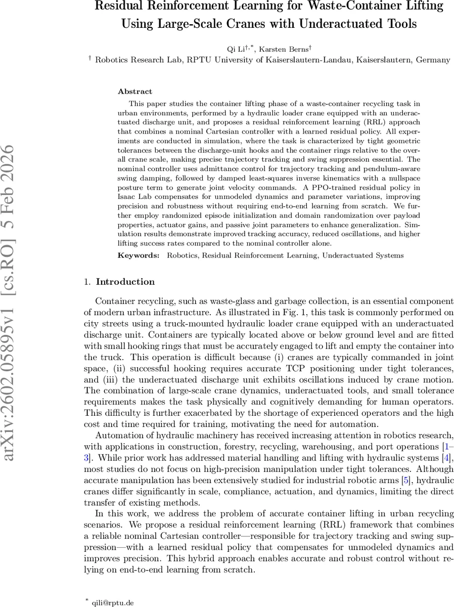 Residual Reinforcement Learning for Waste-Container Lifting Using Large-Scale Cranes with Underactuated Tools