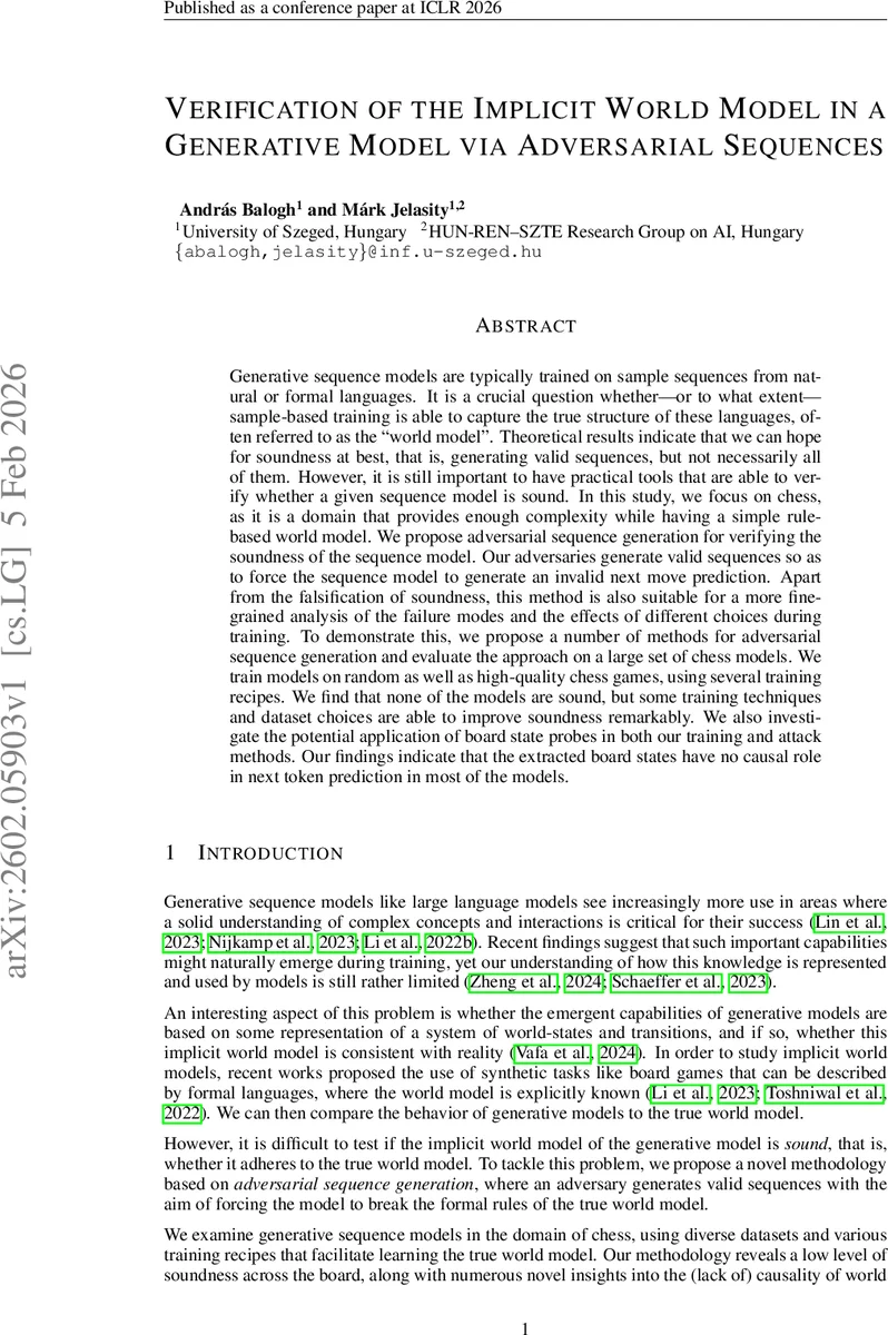 Verification of the Implicit World Model in a Generative Model via Adversarial Sequences