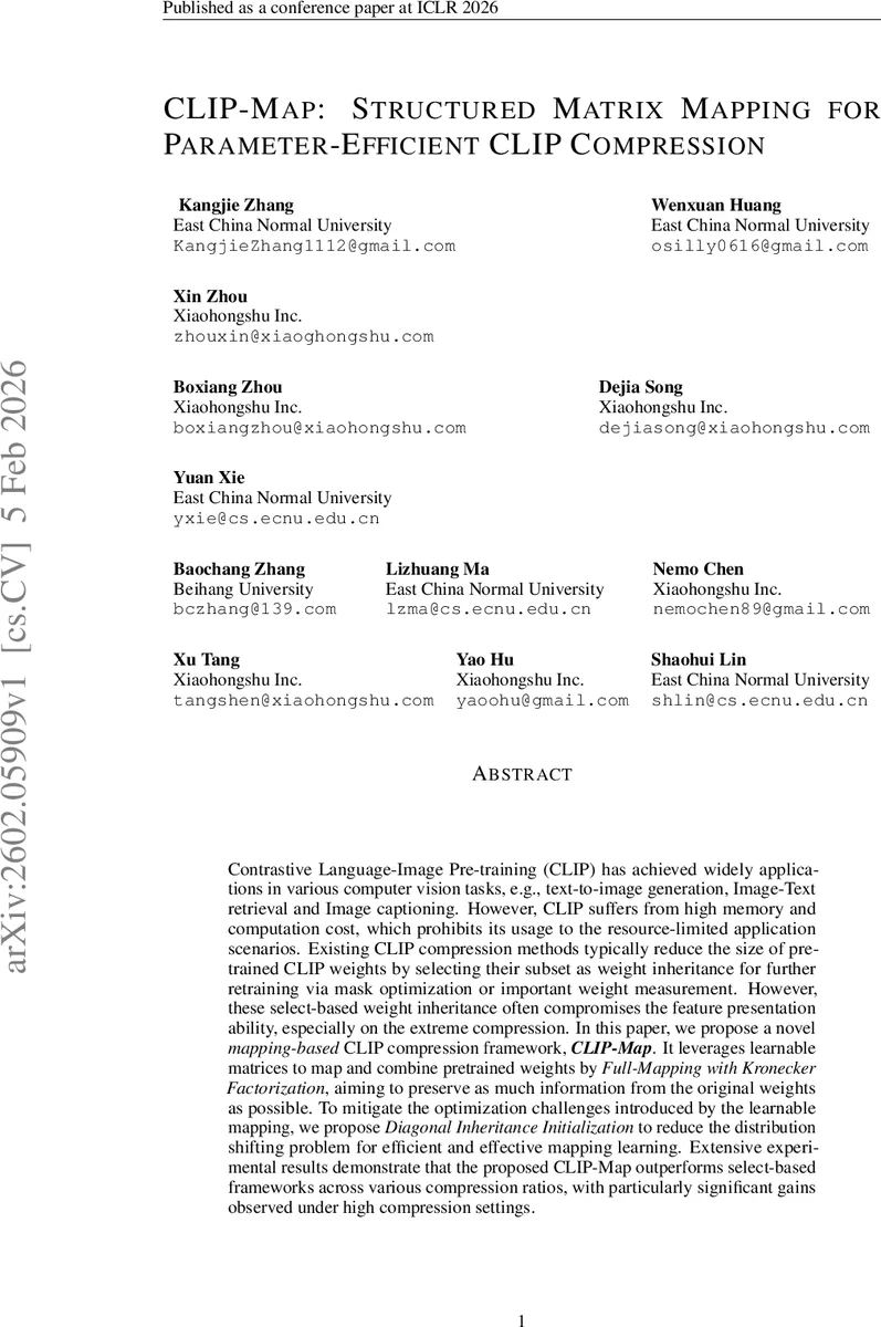 CLIP-Map: Structured Matrix Mapping for Parameter-Efficient CLIP Compression
