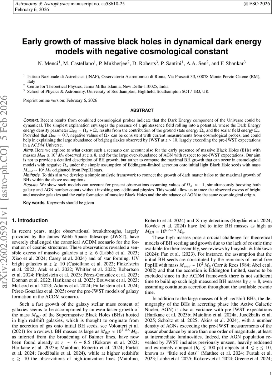 Early growth of massive black holes in dynamical dark energy models with negative cosmological constant