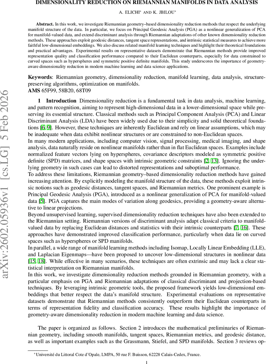 Dimensionality Reduction on Riemannian Manifolds in Data Analysis