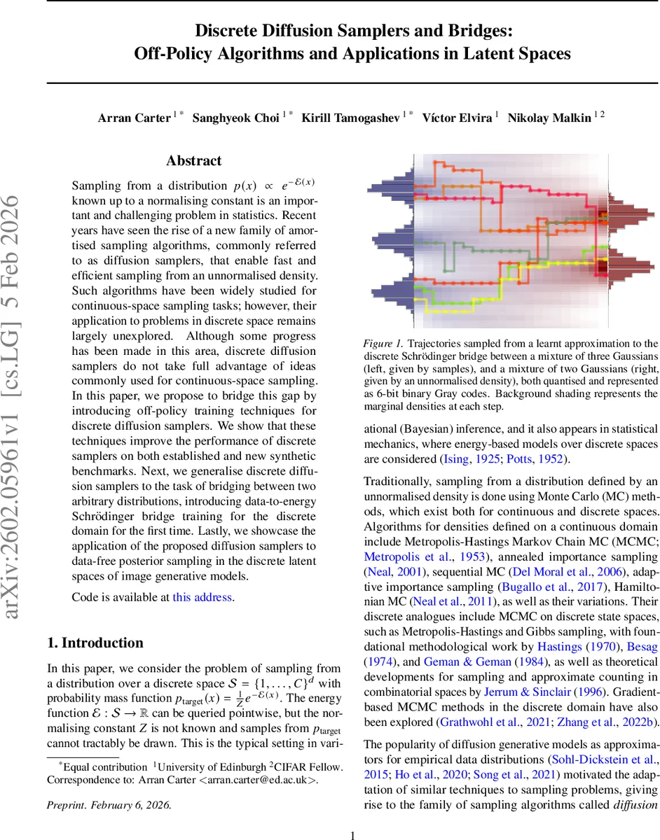 Discrete diffusion samplers and bridges: Off-policy algorithms and applications in latent spaces