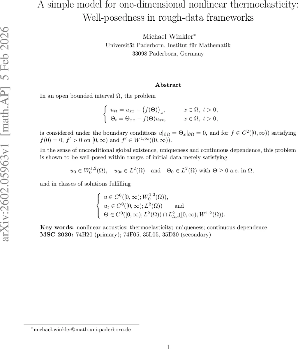 A simple model for one-dimensional nonlinear thermoelasticity: Well-posedness in rough-data frameworks