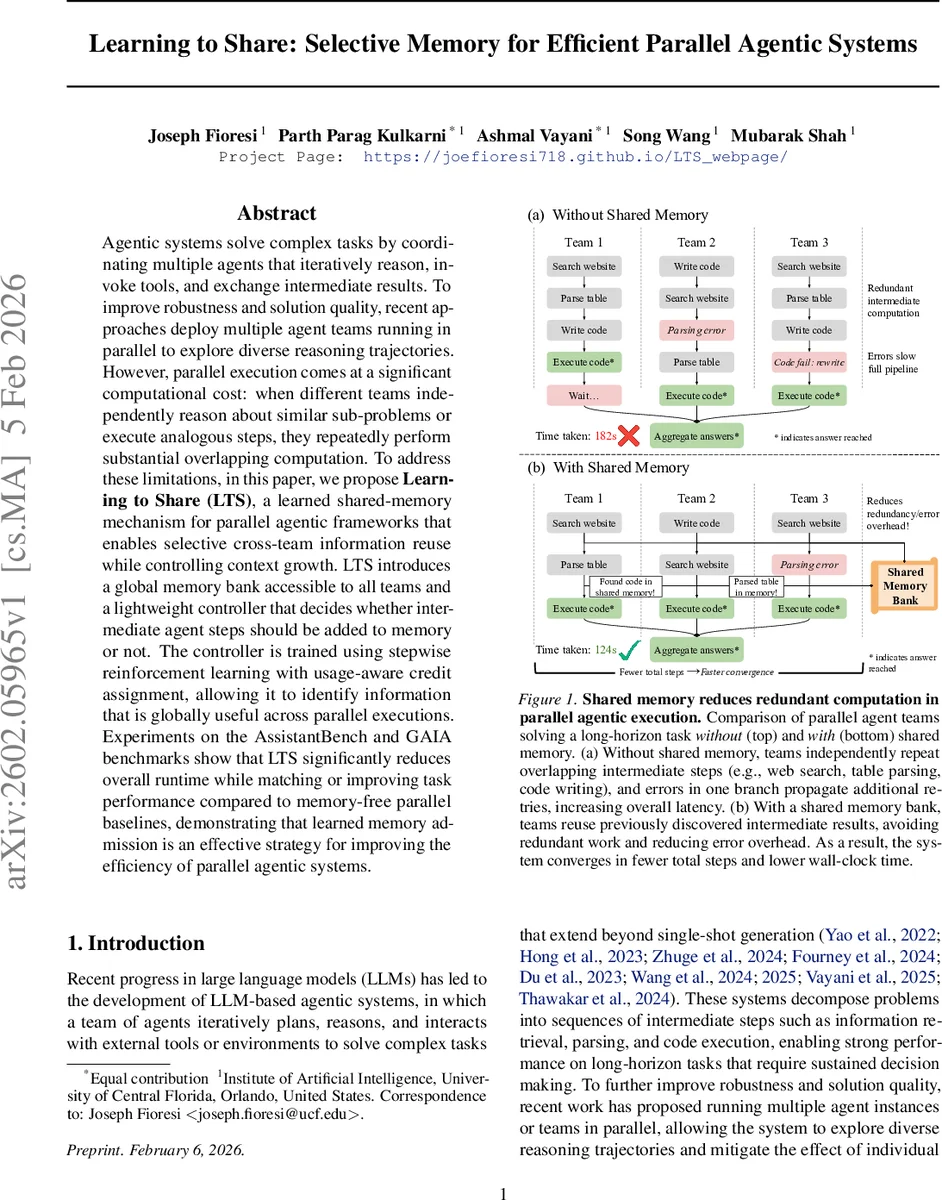 Learning to Share: Selective Memory for Efficient Parallel Agentic Systems
