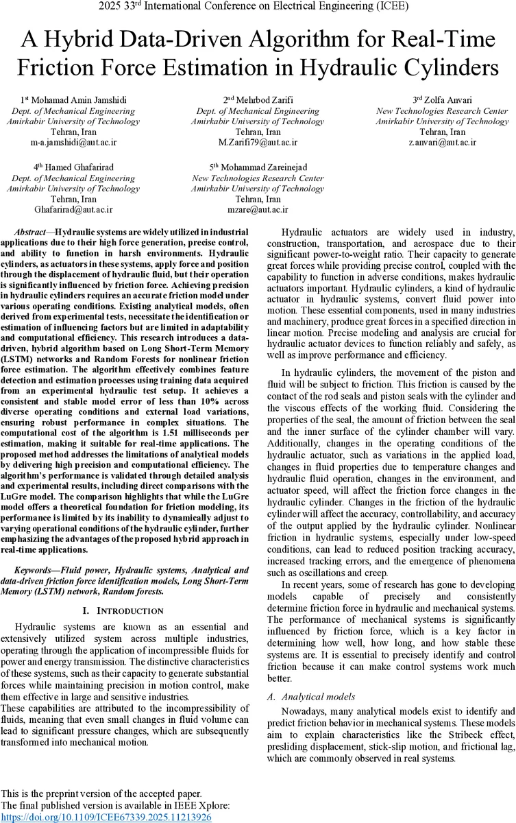 A Hybrid Data-Driven Algorithm for Real-Time Friction Force Estimation in Hydraulic Cylinders