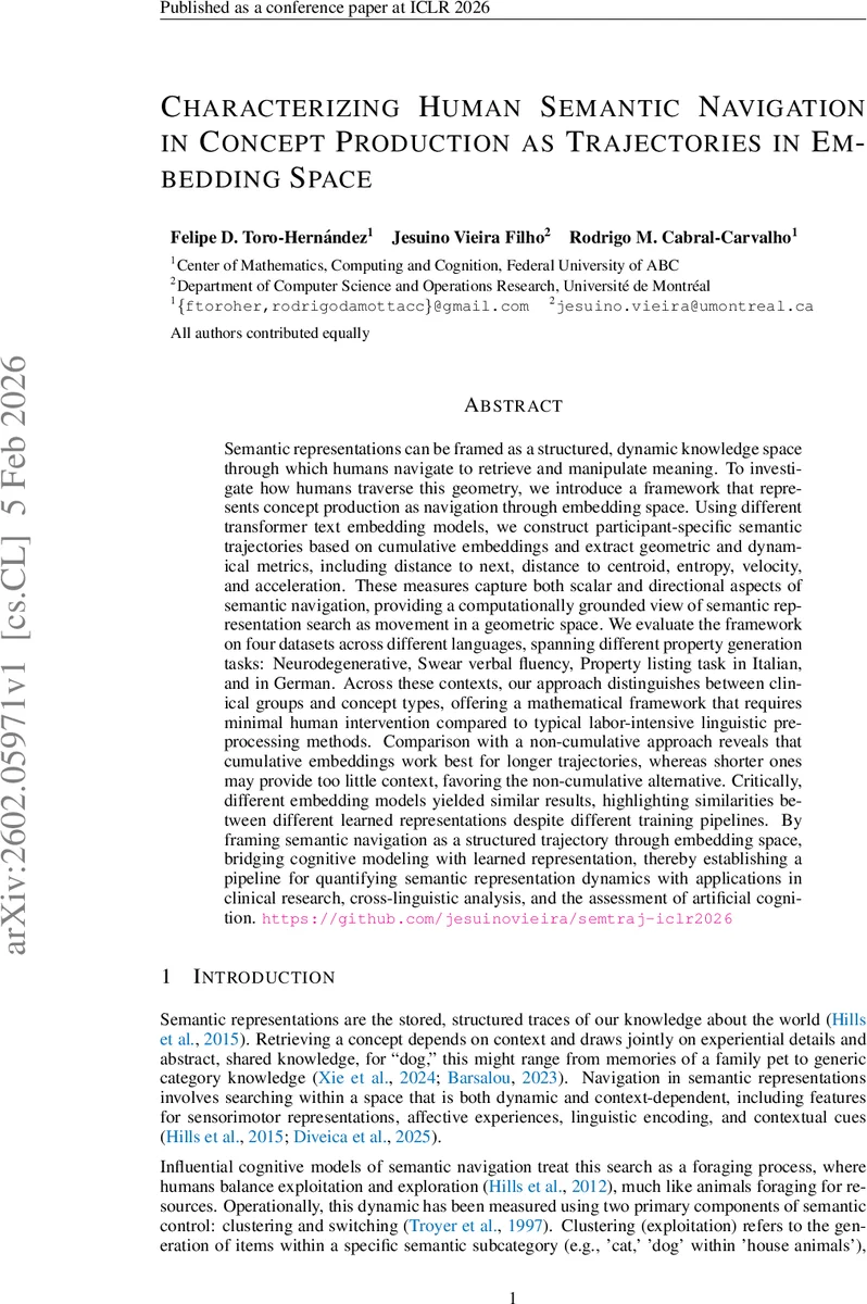Characterizing Human Semantic Navigation in Concept Production as Trajectories in Embedding Space