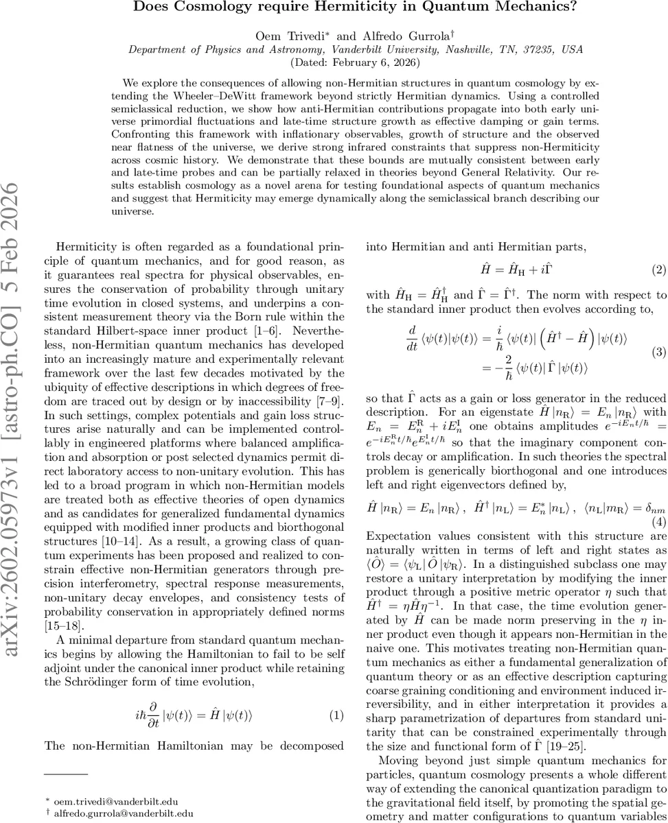 Does Cosmology require Hermiticity in Quantum Mechanics?