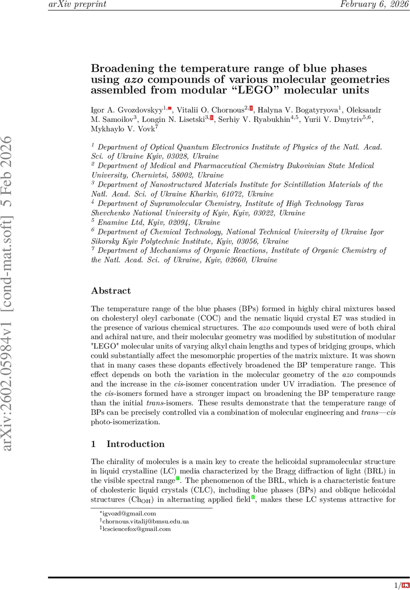 Broadening the temperature range of blue phases using $azo$ compounds of various molecular geometries assembled from modular "LEGO" molecular units