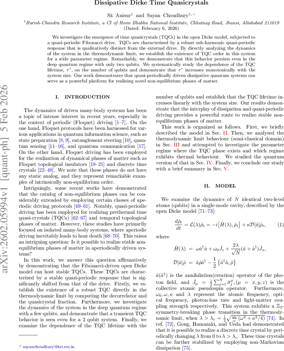 Dissipative Dicke Time Quasicrystals