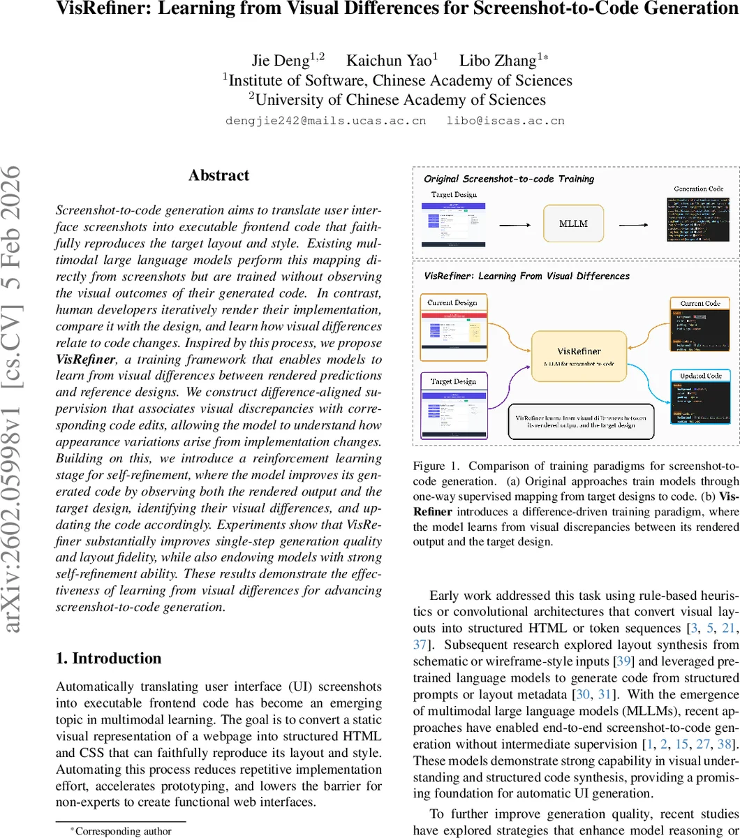 VisRefiner: Learning from Visual Differences for Screenshot-to-Code Generation