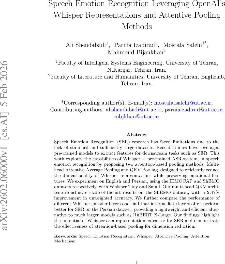 Speech Emotion Recognition Leveraging OpenAI's Whisper Representations and Attentive Pooling Methods