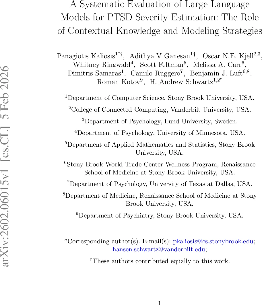 A Systematic Evaluation of Large Language Models for PTSD Severity Estimation: The Role of Contextual Knowledge and Modeling Strategies