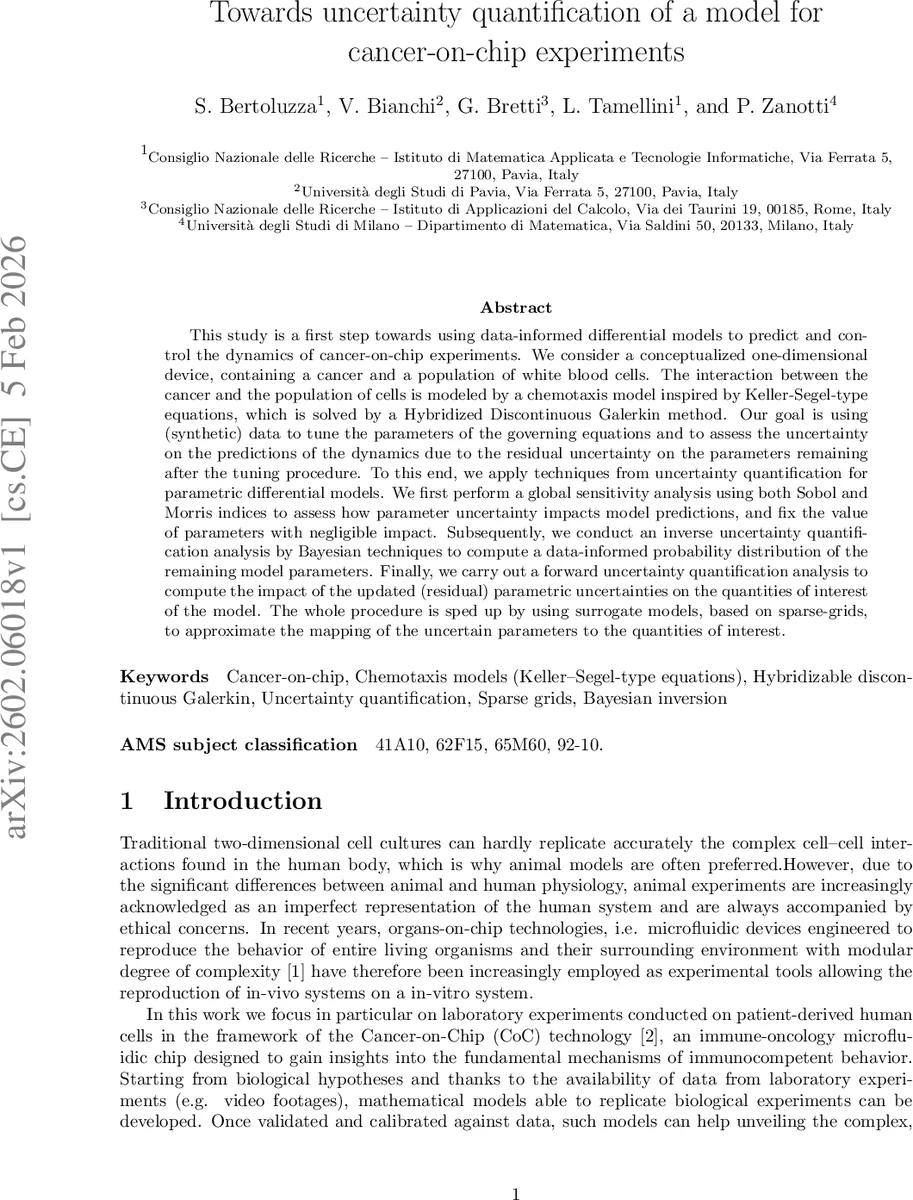 Towards uncertainty quantification of a model for cancer-on-chip experiments