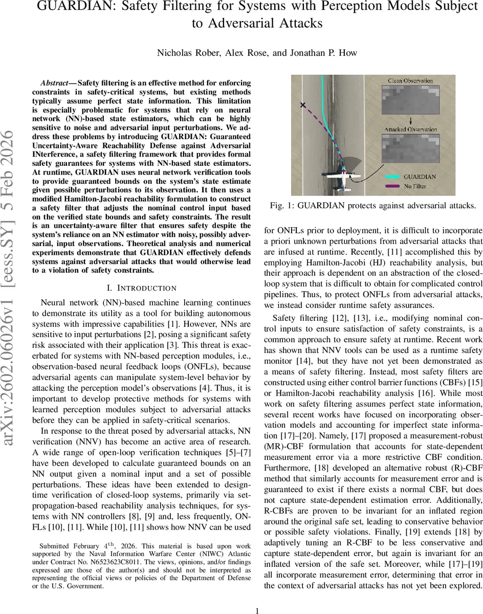 GUARDIAN: Safety Filtering for Systems with Perception Models Subject to Adversarial Attacks