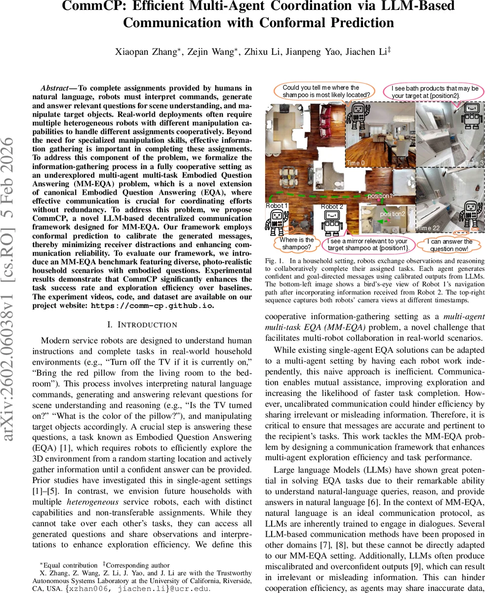CommCP: Efficient Multi-Agent Coordination via LLM-Based Communication with Conformal Prediction