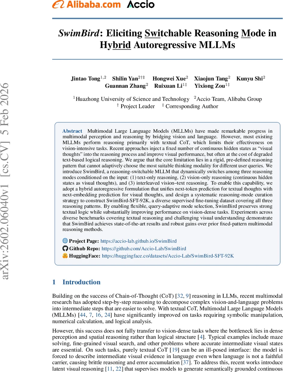 SwimBird: Eliciting Switchable Reasoning Mode in Hybrid Autoregressive MLLMs