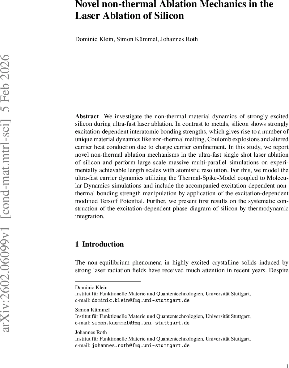 Novel non-thermal Ablation Mechanics in the Laser Ablation of Silicon