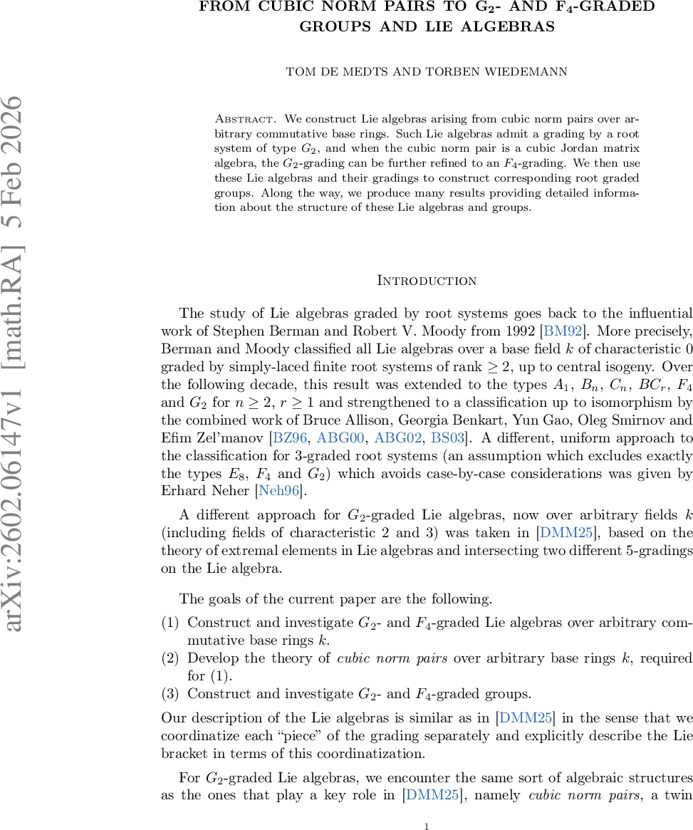 From cubic norm pairs to $G_2$- and $F_4$-graded groups and Lie algebras