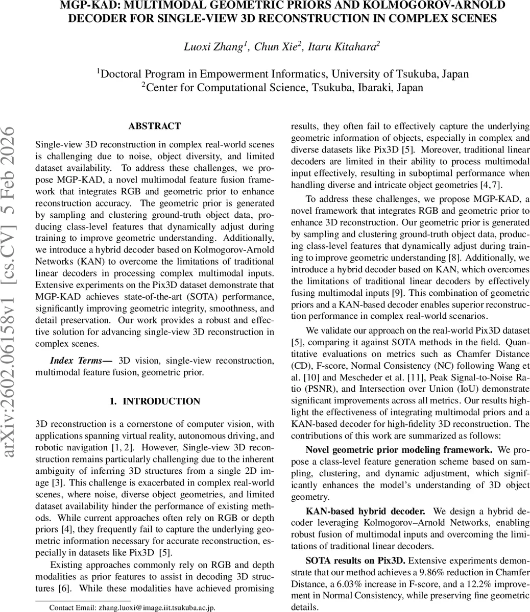 MGP-KAD: Multimodal Geometric Priors and Kolmogorov-Arnold Decoder for Single-View 3D Reconstruction in Complex Scenes
