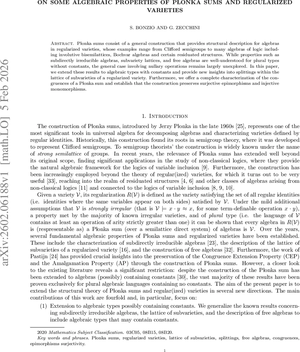 On some algebraic properties of Plonka sums and regularized varieties