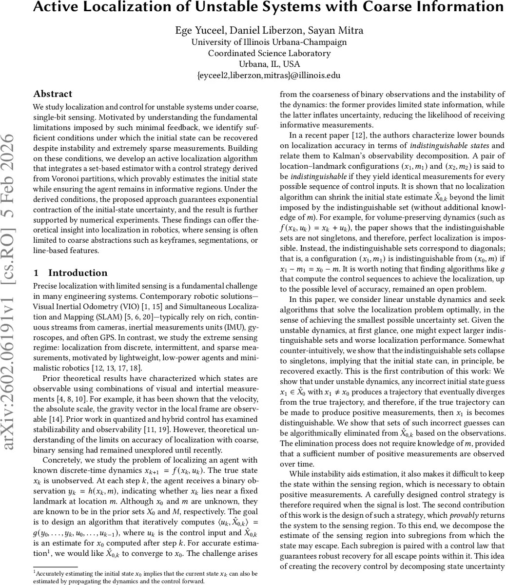 Active Localization of Unstable Systems with Coarse Information