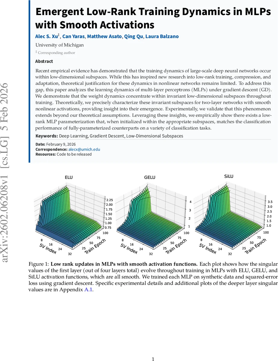 Emergent Low-Rank Training Dynamics in MLPs with Smooth Activations